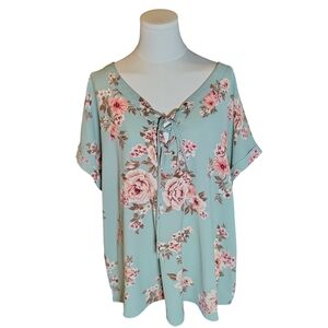 Flower & Feathers Aqua and Pink Floral Tie Front Blouse Size 3XL